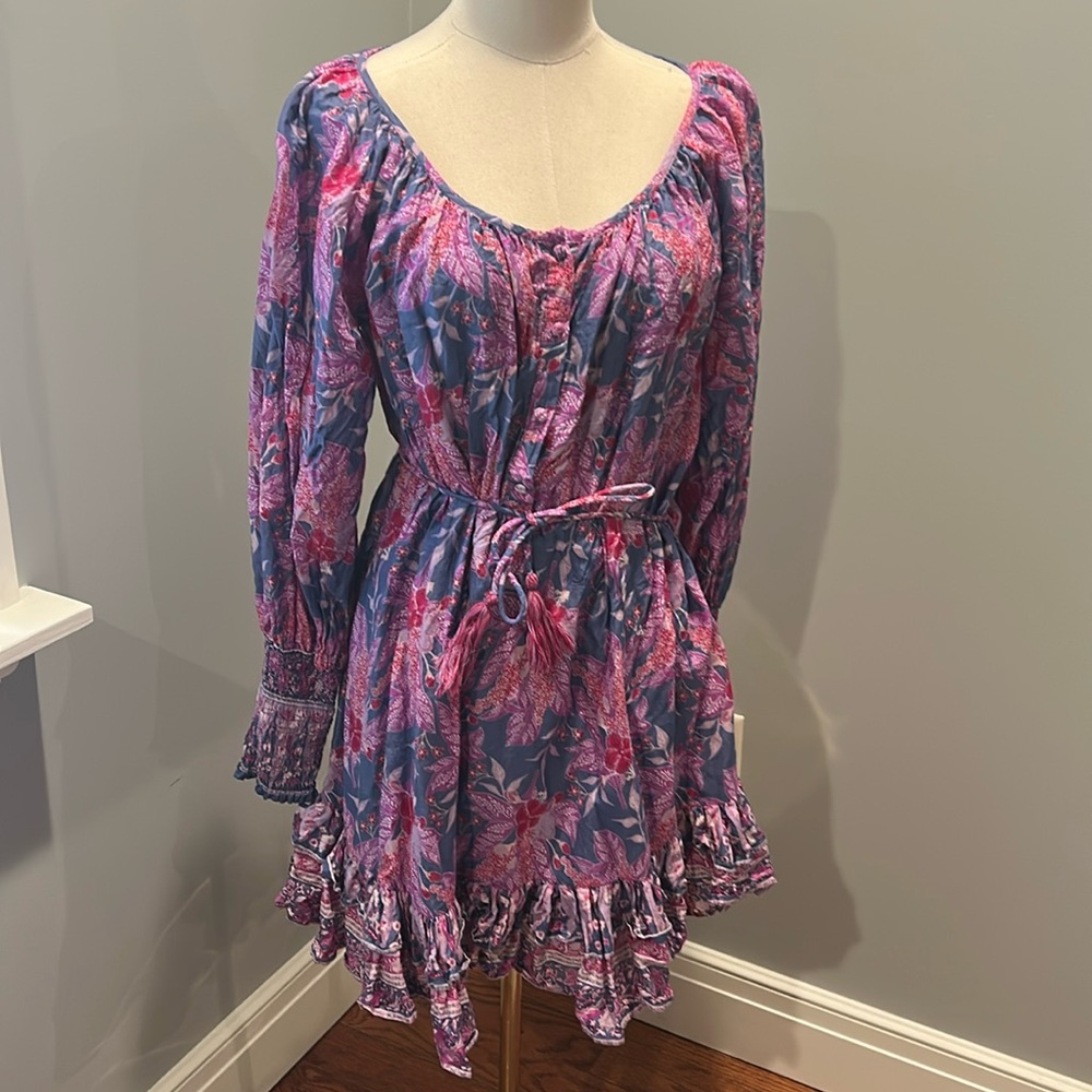 Ruffled floral cotton dress with fringed tie belt